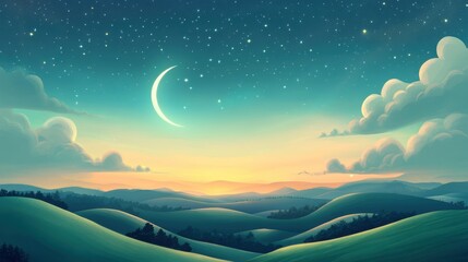 Wall Mural - Dreamy Night Sky with Crescent Moon over Rolling Green Hills and Stars