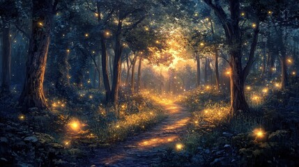 Wall Mural - Magical Forest Path with Glowing Fireflies at Night.