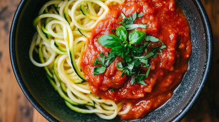 spaghetti with tomato sauce and basil