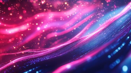 Abstract Pink and Blue Wavy Background with Glowing Lights and Bokeh.