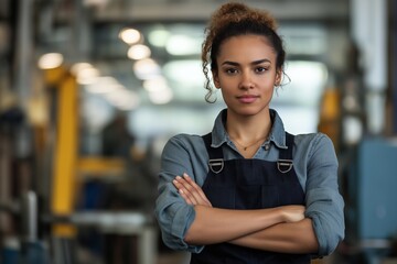 Wall Mural - A woman with a black apron and a blue shirt is standing in a factory. She is wearing a necklace and has her arms crossed