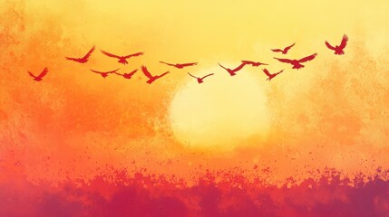 Wall Mural - Sunset Sky with Birds Silhouettes Watercolor Background