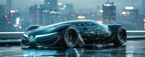 High-tech, transparent car design against a vibrant, futuristic cityscape.