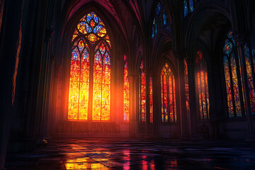 A vibrant cathedral interior with colorful stained glass windows illuminating the space.