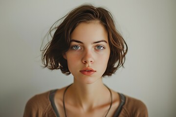 Wall Mural - This photo portrait features an ordinary woman with a neutral expression, dressed in everyday attire.