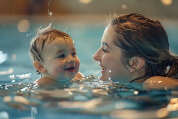 Happy mother and baby swimming together in indoor pool