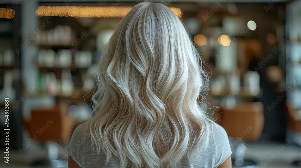 Rear view of a woman with long, wavy blonde hair in a salon Stock ...