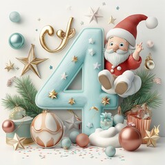 Festive Christmas  D Illustration with Santa and Number Four