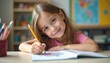 © Prompt2image - Young girl happily drawing in a sketchbook at a table filled with colorful pencils in a bright, cheerful classroom setting