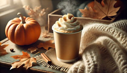 a paper cup of hot chocolate with a pumpkin and autumn atmosphere