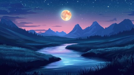 Wall Mural - Serene Night Landscape with Full Moon, Mountains, River, and Stars