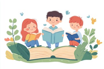 Three children joyfully reading books surrounded by nature, promoting a love for reading and learning in a vibrant, playful illustration.