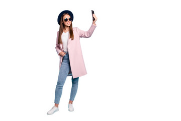 Canvas Print - Full size photo of content lovely girl using her cell phone taking selfie wearing pink outfit denim jeans eyewear eyeglasses isolated over blue background