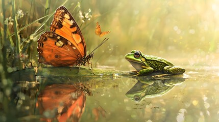 Wall Mural - Butterfly and Frog by the Pond.