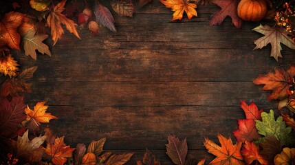 Wall Mural - Autumn Leaves Frame on Rustic Wood Background - Thanksgiving, Fall, Nature, Design Element