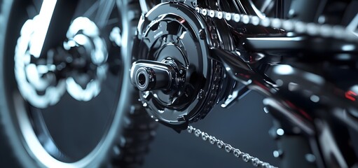 Close-up of a Shiny Black Mountain Bike's Rear Derailleur and Chain