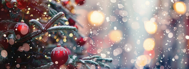 Wall Mural - A Christmas tree decorations, red ornaments outdoors in the city, blurred festive background, as snowflakes gently fall. This scene is presented as a banner with copy space