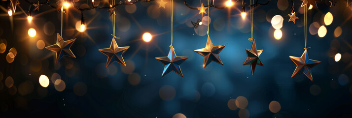Festive christmas background with golden stars hanging, creating an enchanting and magical atmosphere for Christmas or other special events.