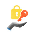 © Lustre Art Group  - Poster. Contemporary art collage. Hand with key next to padlock symbolizes granting or acquiring secure system access. Concept of business, Internet, technology, cybersecurity. Ad