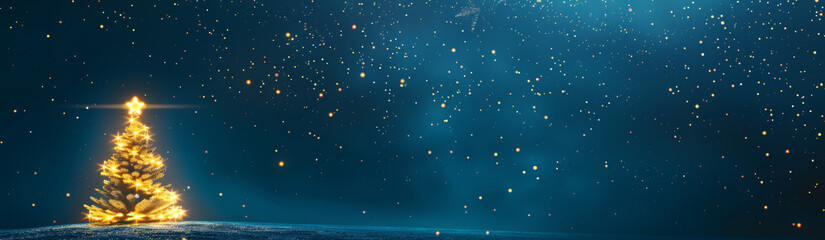 Wall Mural - Christmas night sky with gold stars, golden Christmas tree made from glowing lights on an isolated festive dark blue background. The starry backdrop adds depth and magic to this festive scene.