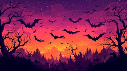 Bats in flight over a dark forest set against a brilliantly lit twilight sky, creating a blend of eerie and beautiful elements that evoke a sense of foreboding and awe.