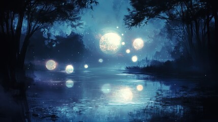 Wall Mural - Mystical Night Forest Landscape with Glowing Orbs and Silhouetted Trees.