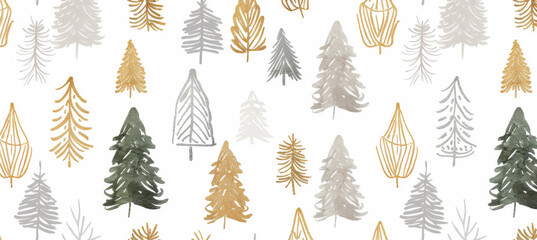 Seamless pattern of hand-drawn festive Christmas trees shapes in various sizes, paper, white background