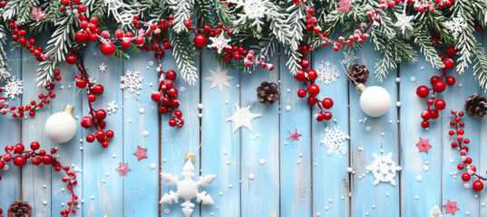 Snowy Christmas background with red and white decorations on an old blue wooden table board, including festive pine branches, stars, berries, snowflakes, garlands, and a banner design