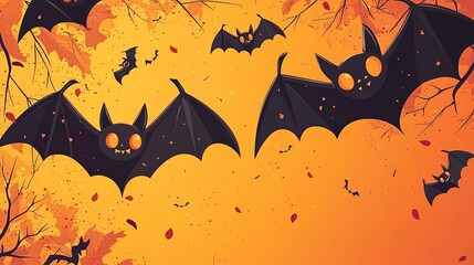 Illustration of black bats flying in an orange and autumn-themed sky, emphasizing a Halloween aesthetic with falling leaves and silhouetted branches.