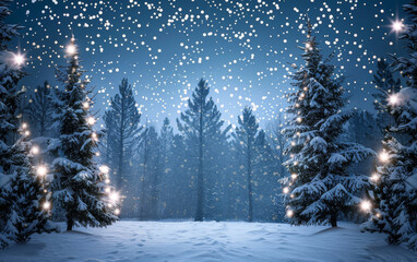 Wall Mural - Christmas background of a deep blue color with white glowing lights, white snow-covered festive pine trees in the background, Winter scene