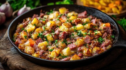 Close-up of corned beef hash in a skillet. This image is perfect for websites, blogs, and social media posts about food, cooking, or Irish cuisine.