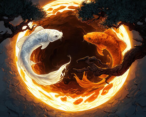 An artistic depiction of two koi fish swimming in a circular design, surrounded by a vibrant, fiery background.