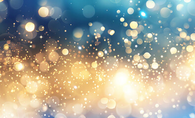 Wall Mural - Blurred christmas festive background with bokeh lights and sparkling glitter in blue, white, and silver colors. Abstract festive banner with space for text. Copyspace