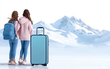 Two female travelers admire snowy mountains while standing with a blue suitcase, showcasing adventure and winter exploration.