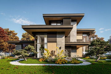 3d rendering of modern two story house with gray and wood accents, large windows, parking space in the right side of the building, surrounded by trees and bushes, daylight in autumn day