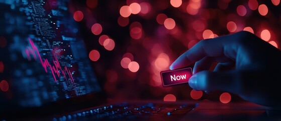 Hand pressing a button labeled 'Now' in front of a glowing computer screen with vibrant data visualization.