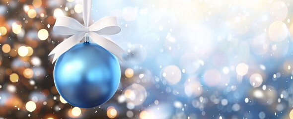 Wall Mural - Festive Christmas blue ball decorations with white ribbon bow on a blurred background, a winter holiday concept. Christmas decoration