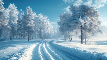 Wall Mural - A peaceful winter morning on a snow-covered path through frosted trees in a tranquil forest landscape. Generative AI