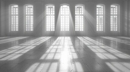 Canvas Print - Bright sunlight streams through large windows, casting elegant shadows across a serene interior space. Generative AI