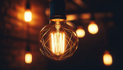 Wall Mural - Close-up photo of a glowing light bulb hanging in a dark room