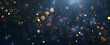 © Abstract Design - Dark blue festive background with sparkling golden bokeh lights, stars, and sparkles. Abstract dark night sky. Background for a celebration or party. Banner, copy space concept. Christmas scene.