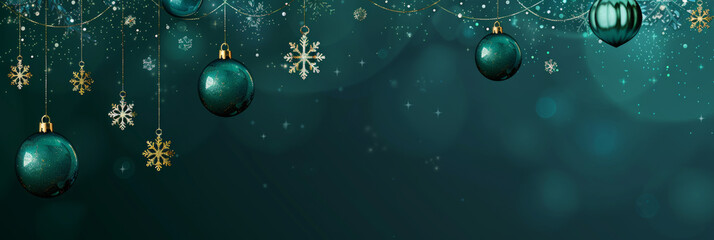 Wall Mural - Festive turquoise background Christmas snowflakes dark teal background hanging ornaments and snowflakes, creating an elegant festive atmosphere for a holiday web banner design