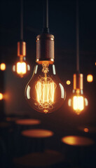 Wall Mural - Close-up photo of a glowing light bulb hanging in a dark room