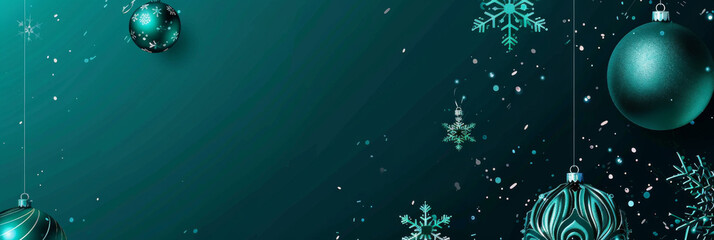 Festive turquoise background Christmas snowflakes dark teal background hanging ornaments and snowflakes, creating an elegant festive atmosphere for a holiday web banner design