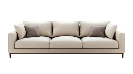 A cream fabric sofa with four brown throw pillows sits invitingly, promising comfort and relaxation. 