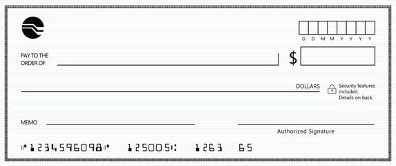 Empty money cheque. Bank check. check book template with pattern and blank fields. Currency payment coupon, US dollar check background.