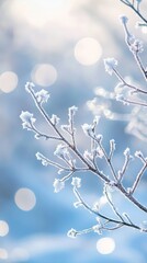 Wall Mural - A close-up of frost-covered branches against a soft snowy background