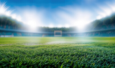 Lush green grass growing on a soccer field on a bright sunny day. High quality photo