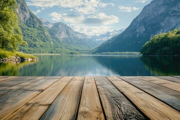 Wooden platform overlooking a lake. Ideal for showcasing products or creating serene backgrounds.