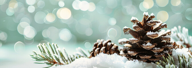 Wall Mural - Christmas banner with pine cones and snow on a light green background, with space for text, bokeh effect.